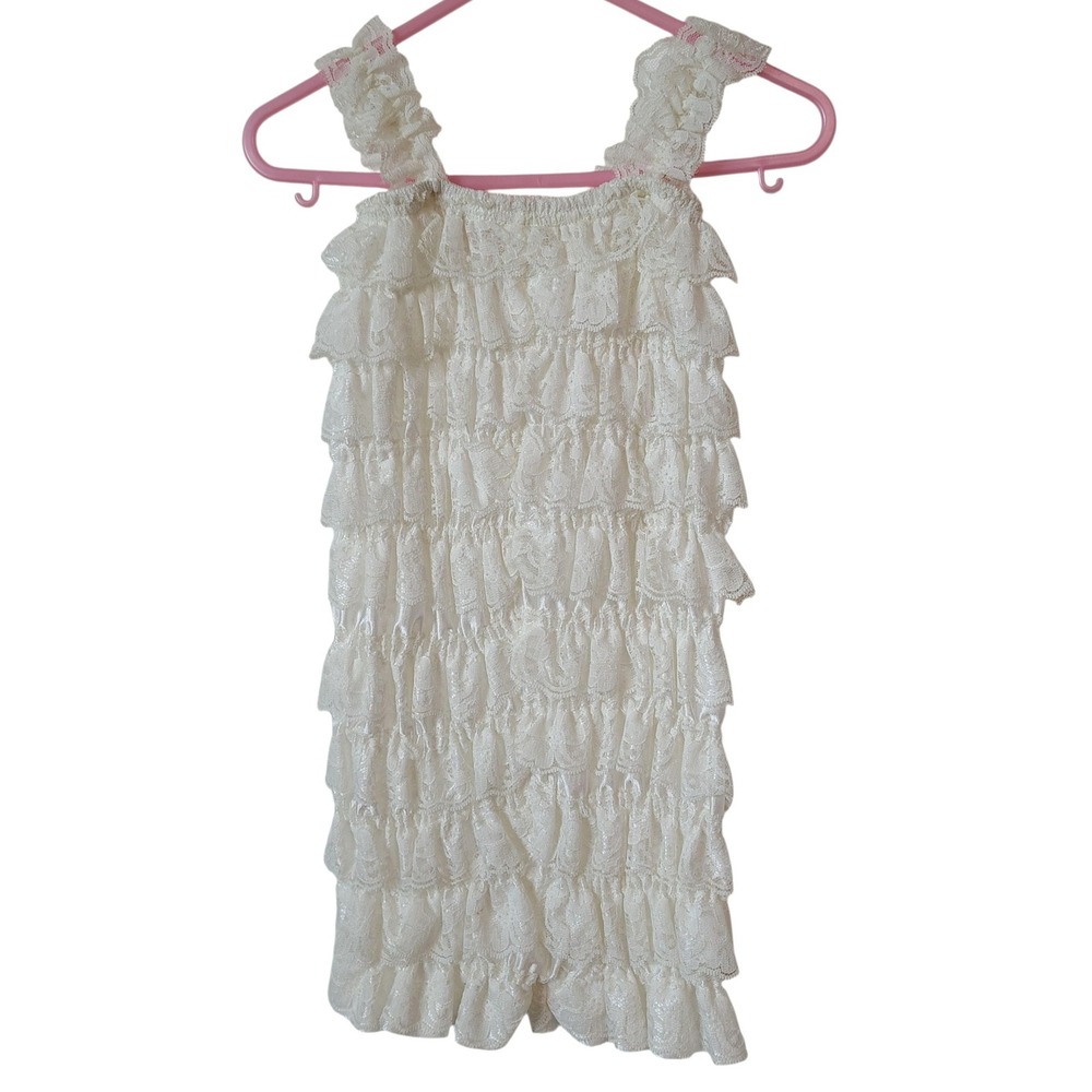 Lace Ruffle Sleeveless Romper with Bow Cream Color Girls Toddler Outfit - Picture 2 of 5